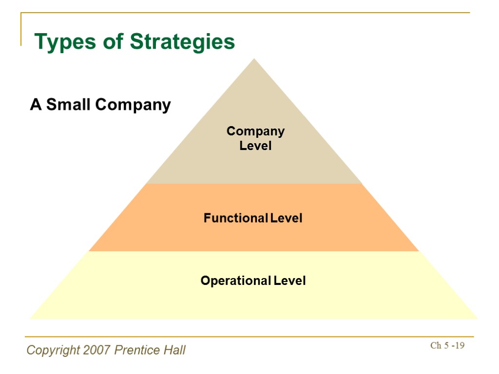 Copyright 2007 Prentice Hall Ch 5 -19 Types of Strategies Operational Level Functional Level